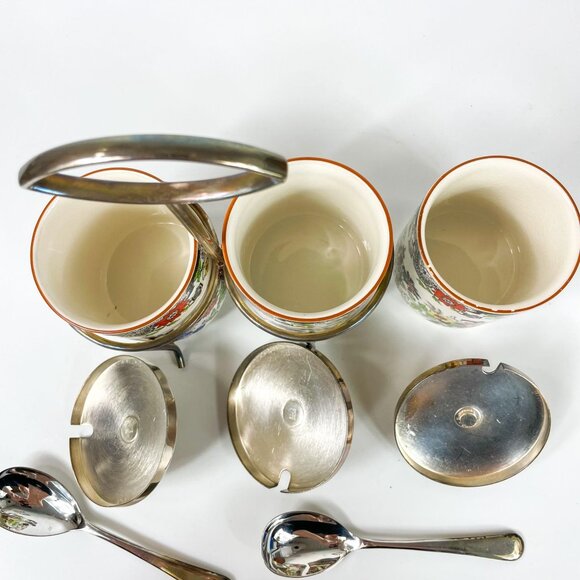 Royal Norfolk Staffordshire UK Condiment Jars Set Of 3 With Holder Spoons Floral - Picture 7 of 8